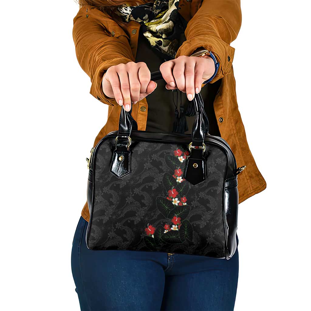 Hawaiian Taro Leaves-Hibiscus and Plumeria Shoulder Handbag Floral Tribal Tattoo Motif LT03 One Size Black - Polynesian Pride