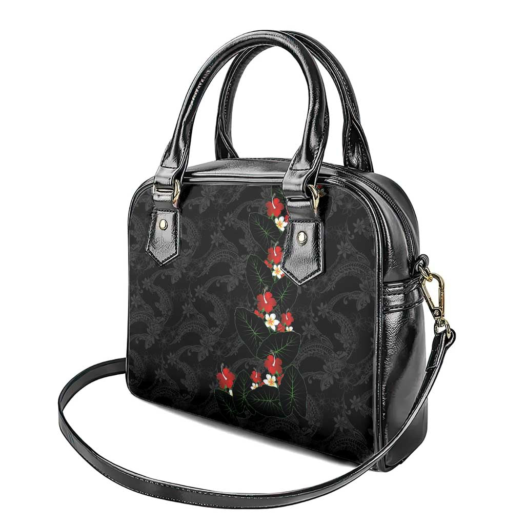 Hawaiian Taro Leaves-Hibiscus and Plumeria Shoulder Handbag Floral Tribal Tattoo Motif LT03 - Polynesian Pride