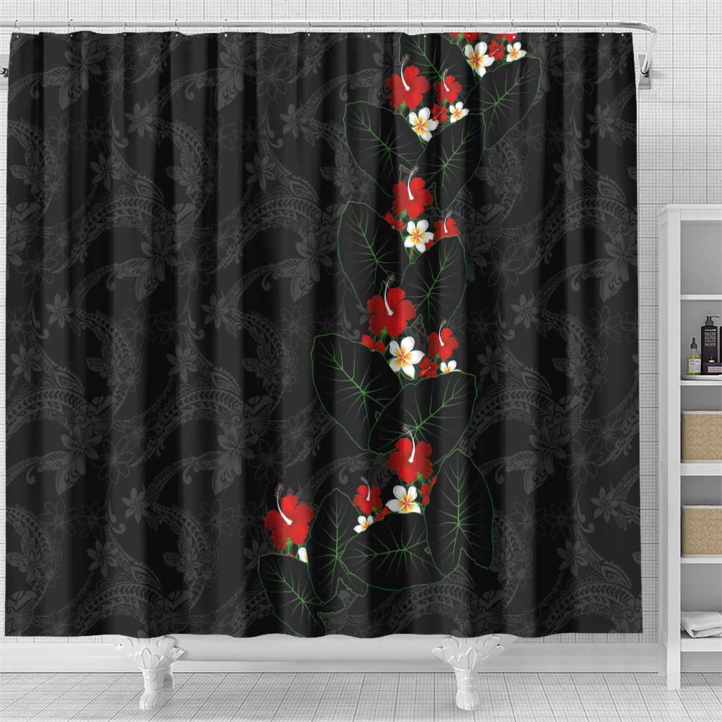 Hawaiian Taro Leaves-Hibiscus and Plumeria Shower Curtain Floral Tribal Tattoo Motif LT03 - Polynesian Pride