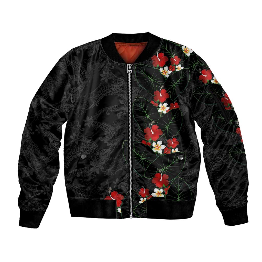 Hawaiian Taro Leaves-Hibiscus and Plumeria Sleeve Zip Bomber Jacket Floral Tribal Tattoo Motif LT03 Unisex Black - Polynesian Pride