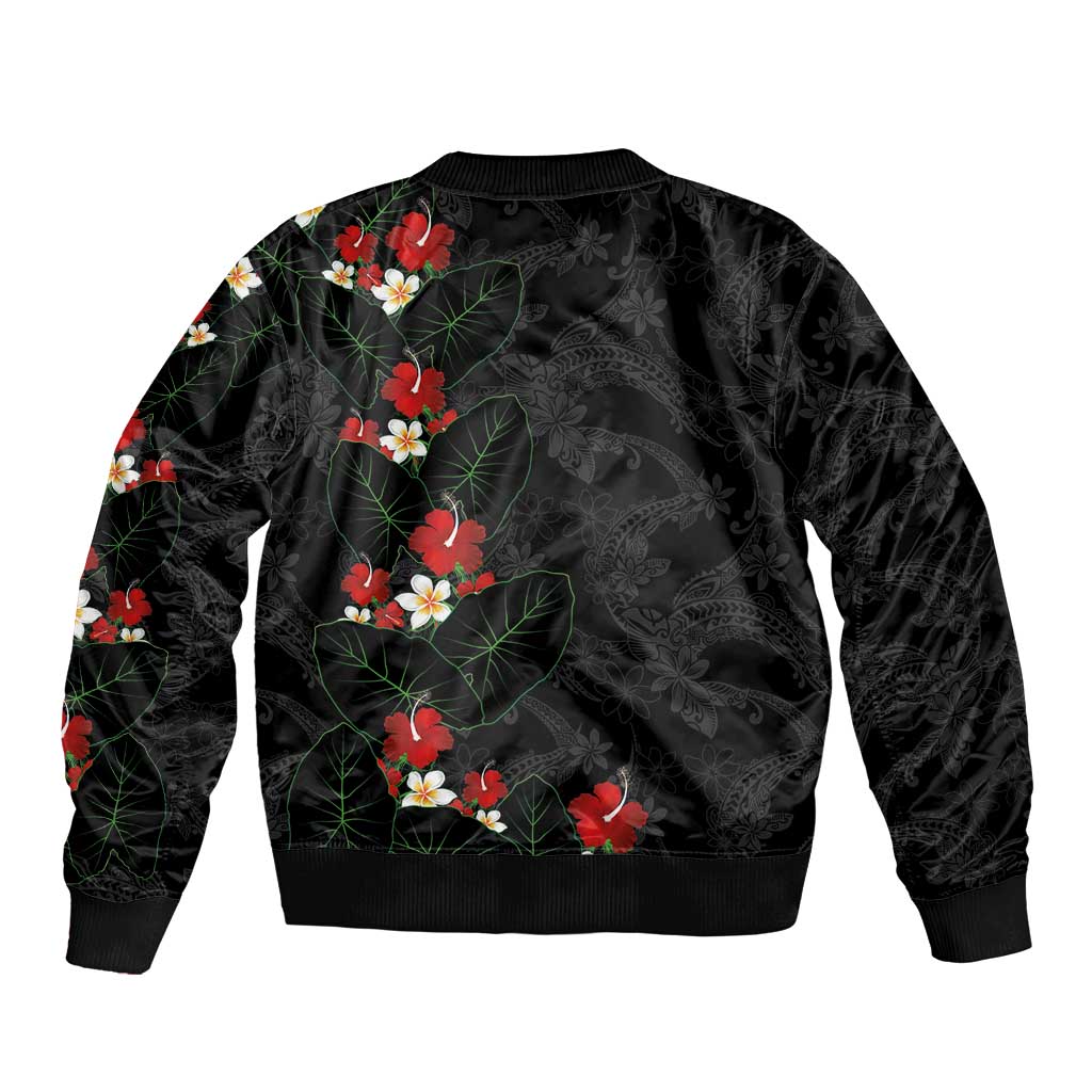 Hawaiian Taro Leaves-Hibiscus and Plumeria Sleeve Zip Bomber Jacket Floral Tribal Tattoo Motif LT03 - Polynesian Pride