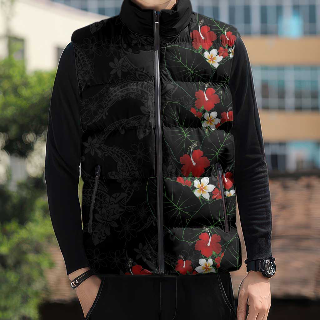 Hawaiian Taro Leaves-Hibiscus and Plumeria Sleeveless Puffer Jacket Floral Tribal Tattoo Motif LT03 - Polynesian Pride