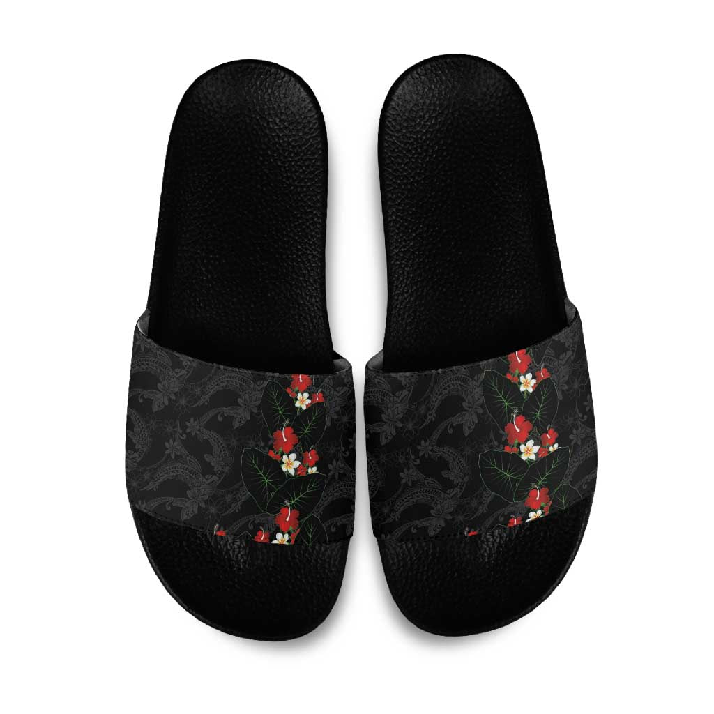 Hawaiian Taro Leaves-Hibiscus and Plumeria Slide Sandals Floral Tribal Tattoo Motif LT03 Black - Polynesian Pride
