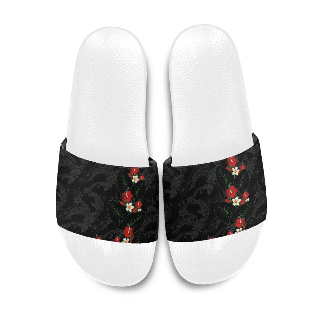 Hawaiian Taro Leaves-Hibiscus and Plumeria Slide Sandals Floral Tribal Tattoo Motif LT03 Black - Polynesian Pride