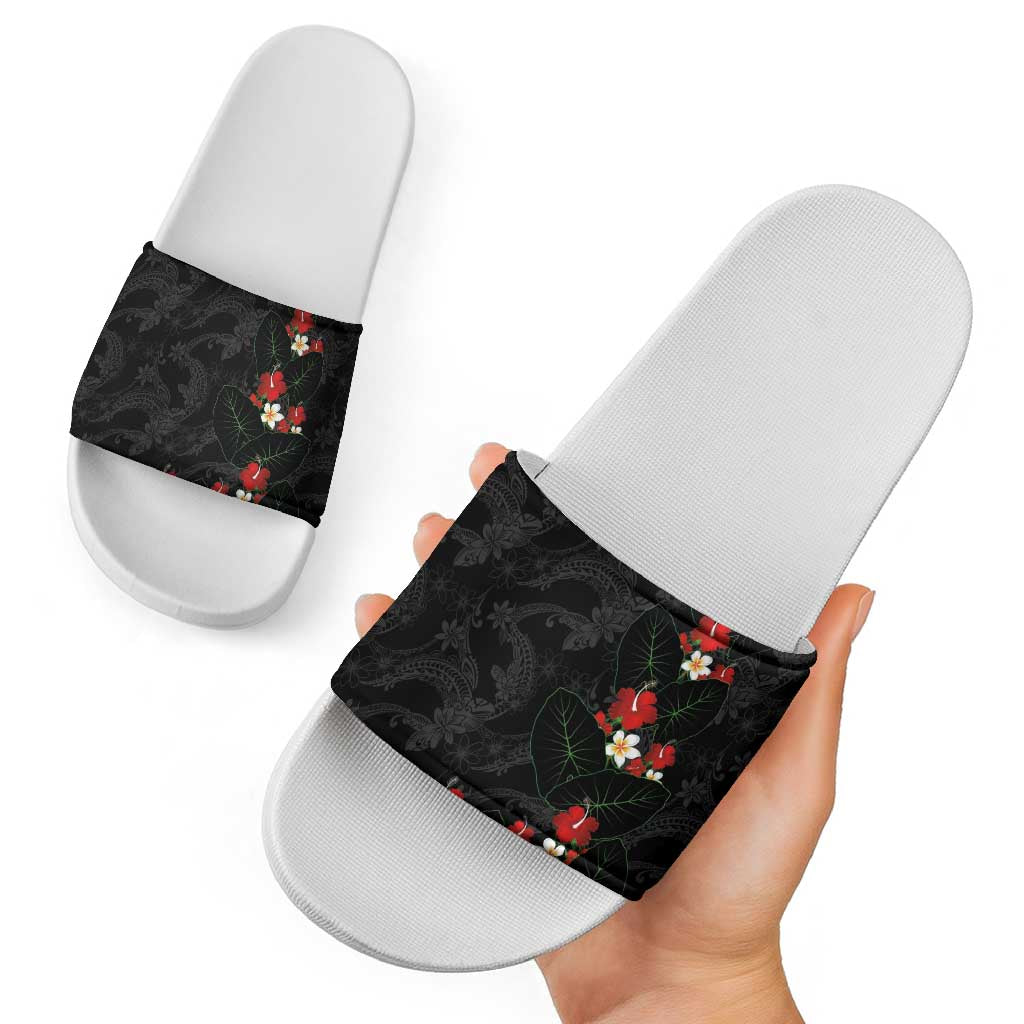 Hawaiian Taro Leaves-Hibiscus and Plumeria Slide Sandals Floral Tribal Tattoo Motif LT03 - Polynesian Pride