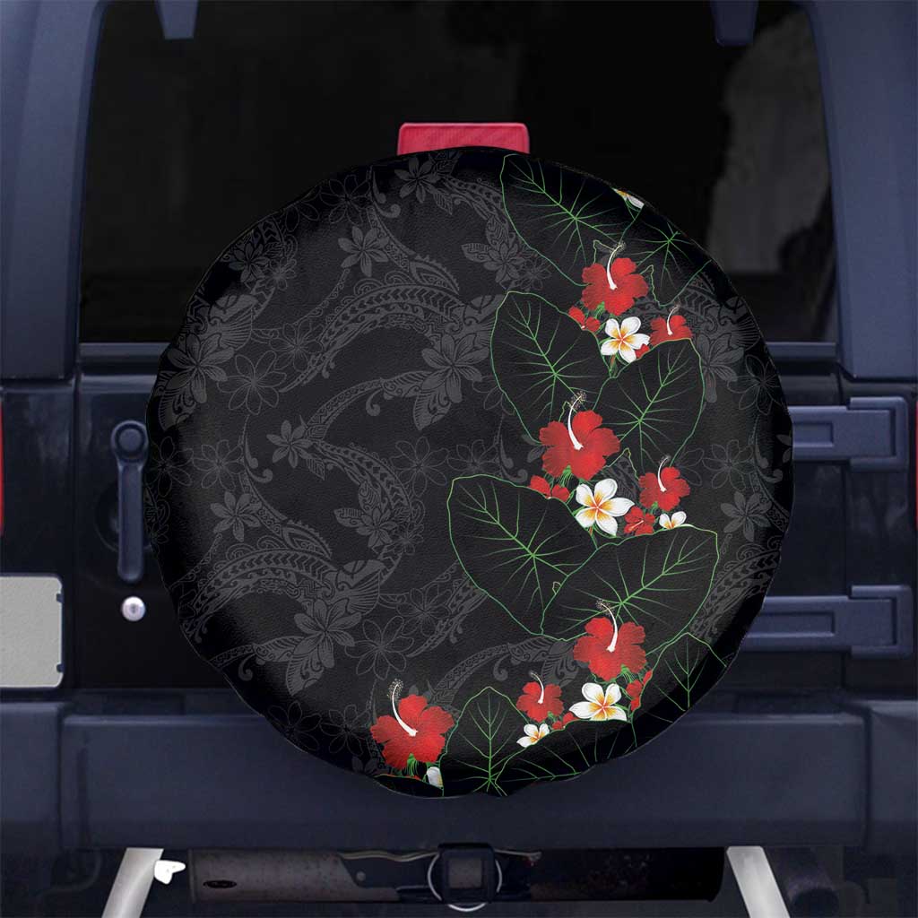 Hawaiian Taro Leaves-Hibiscus and Plumeria Spare Tire Cover Floral Tribal Tattoo Motif LT03 No hole Black - Polynesian Pride