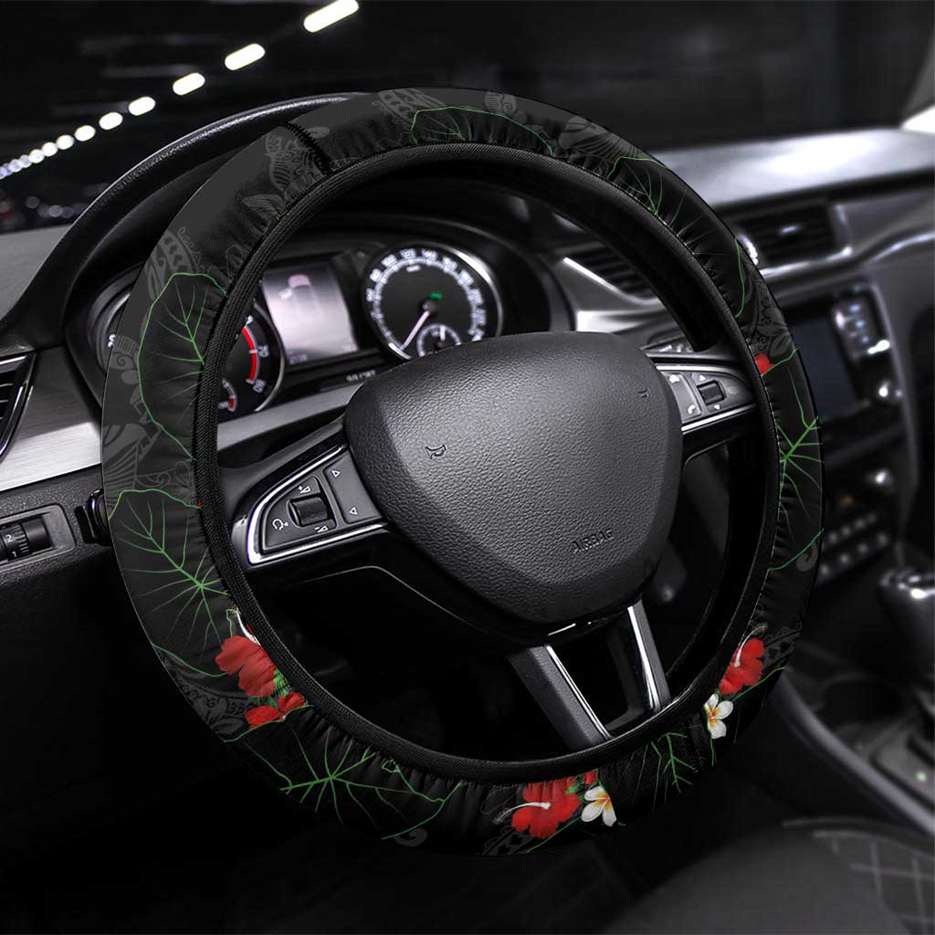 Hawaiian Taro Leaves-Hibiscus and Plumeria Steering Wheel Cover Floral Tribal Tattoo Motif