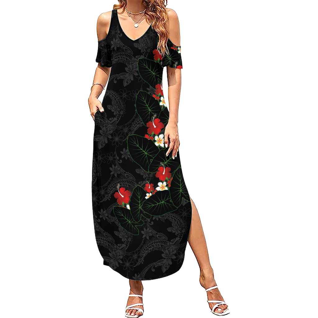 Hawaiian Taro Leaves-Hibiscus and Plumeria Summer Maxi Dress Floral Tribal Tattoo Motif LT03 Women Black - Polynesian Pride