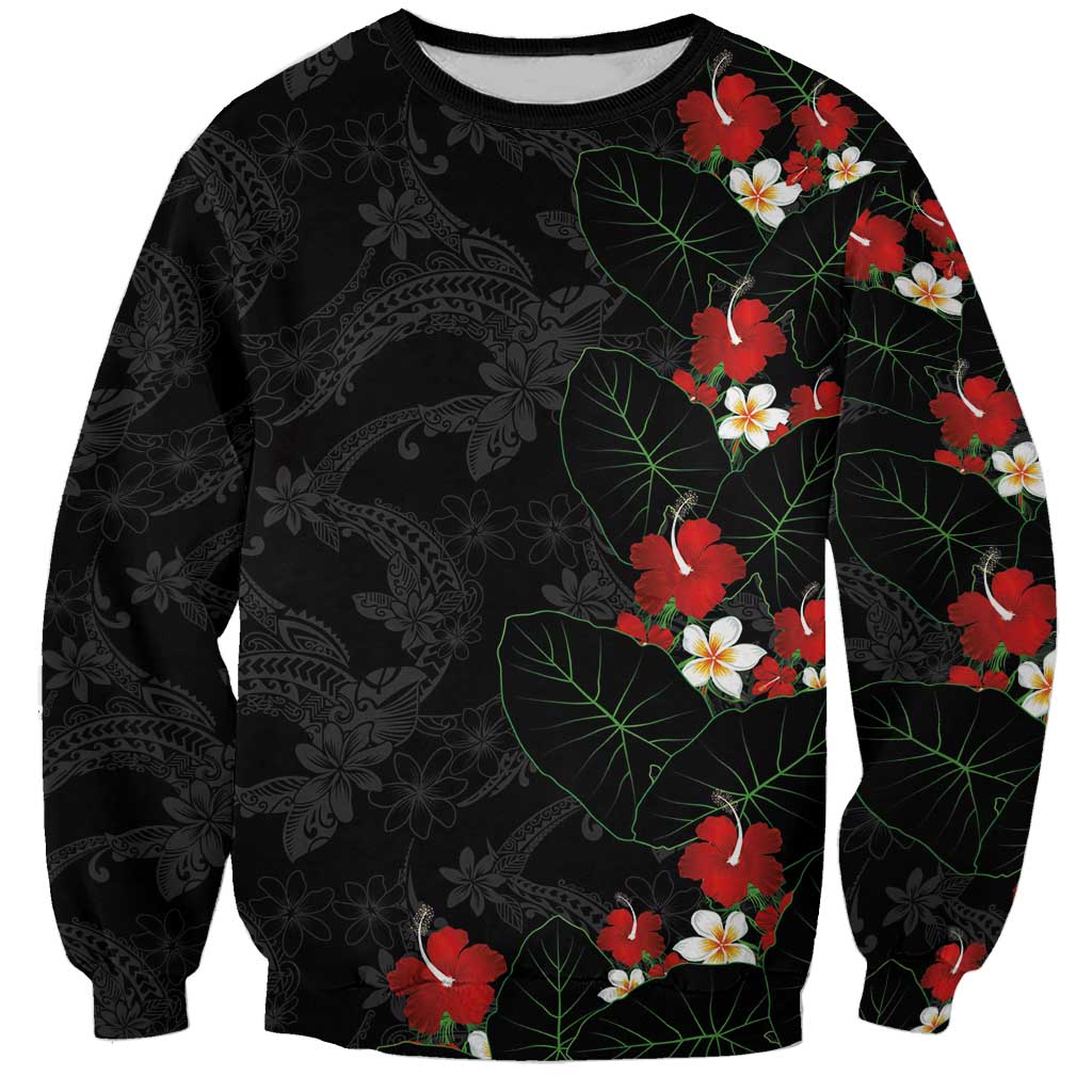 Hawaiian Taro Leaves-Hibiscus and Plumeria Sweatshirt Floral Tribal Tattoo Motif LT03 Unisex Black - Polynesian Pride