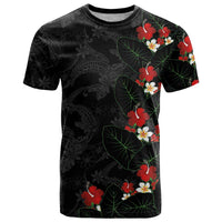 Hawaiian Taro Leaves-Hibiscus and Plumeria T Shirt Floral Tribal Tattoo Motif LT03 Black - Polynesian Pride