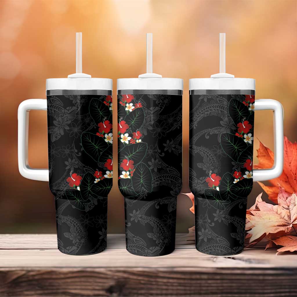 Hawaiian Taro Leaves-Hibiscus and Plumeria Tumbler With Handle Floral Tribal Tattoo Motif LT03 - Polynesian Pride
