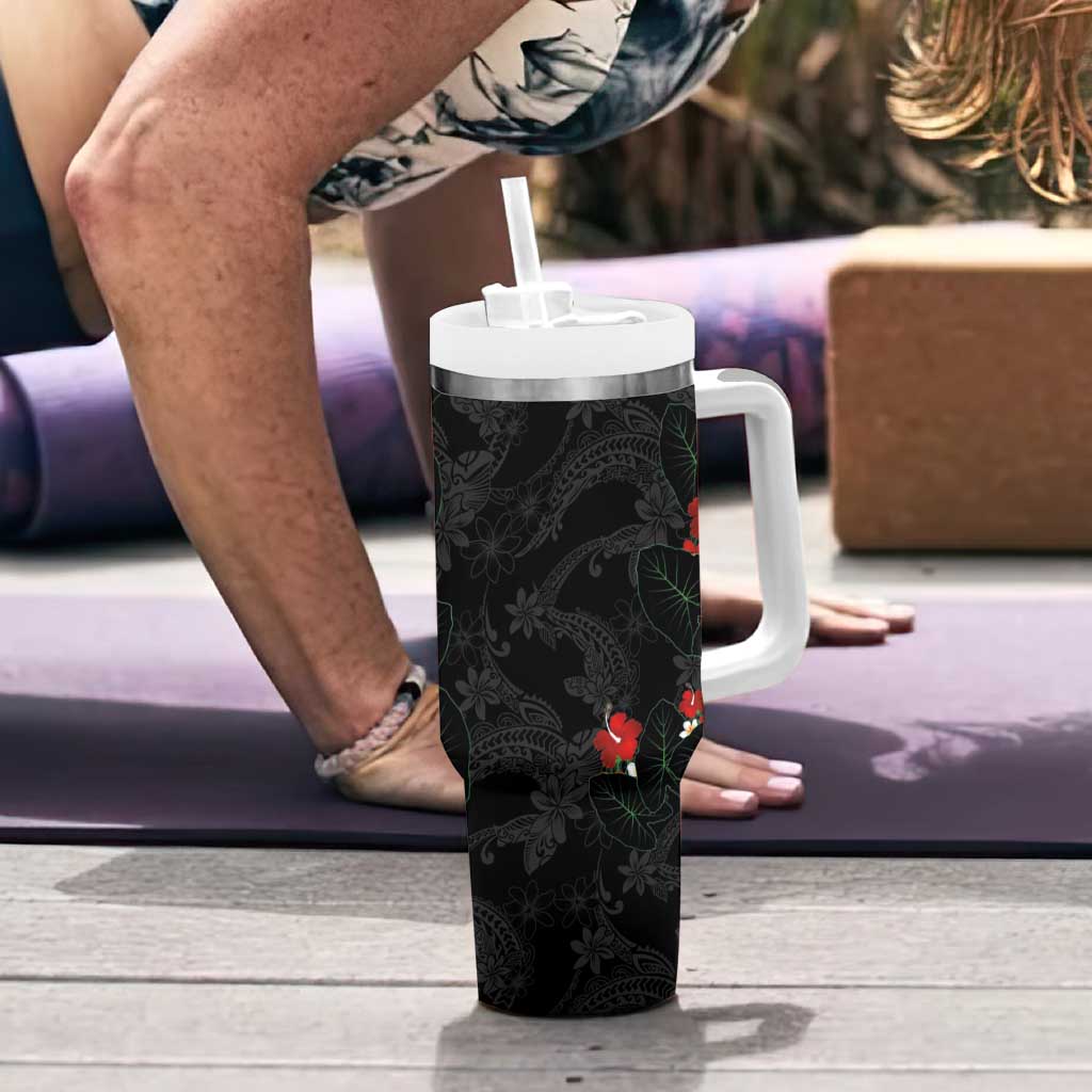 Hawaiian Taro Leaves-Hibiscus and Plumeria Tumbler With Handle Floral Tribal Tattoo Motif LT03 - Polynesian Pride