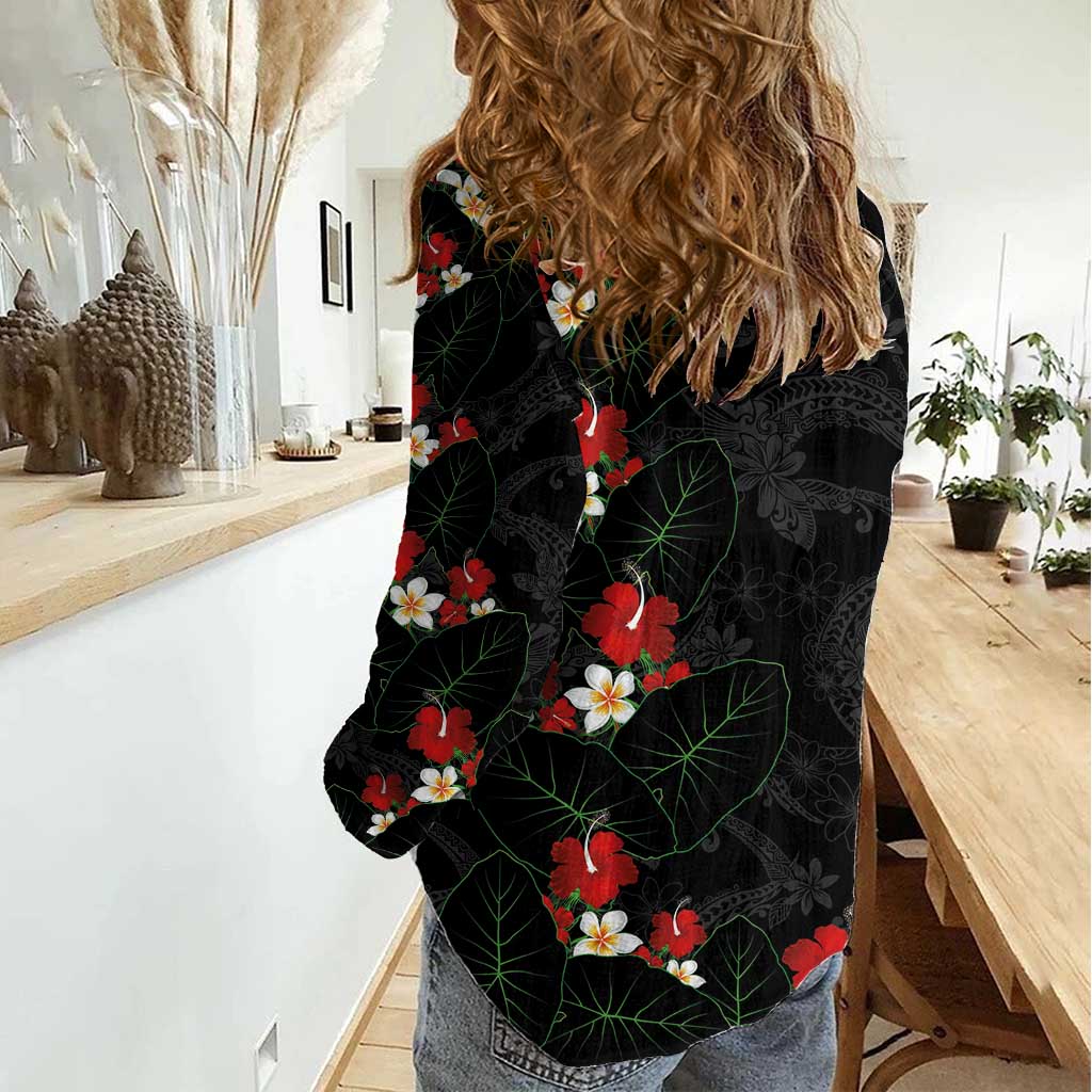 Hawaiian Taro Leaves-Hibiscus and Plumeria Women Casual Shirt Floral Tribal Tattoo Motif LT03 - Polynesian Pride