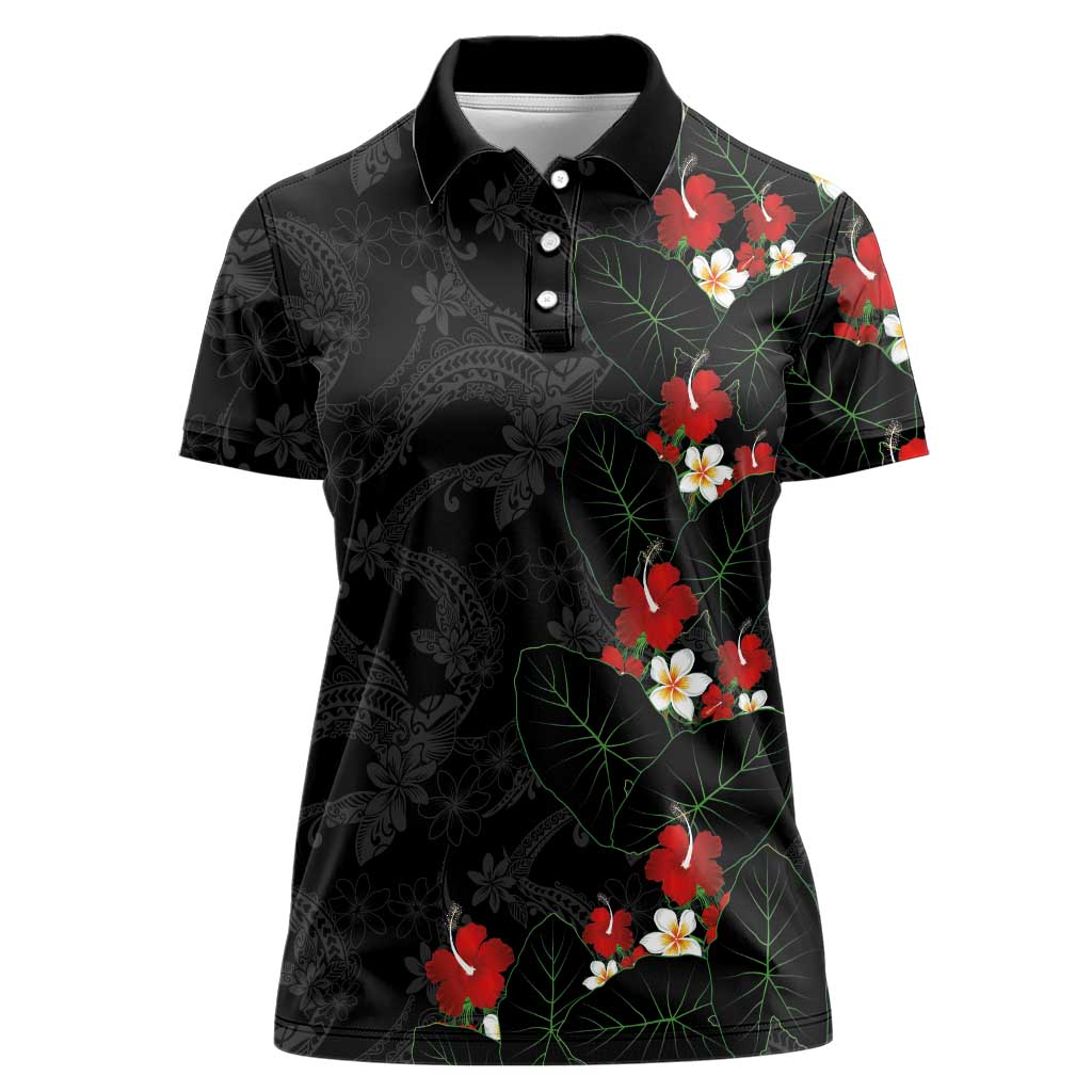 Hawaiian Taro Leaves-Hibiscus and Plumeria Women Polo Shirt Floral Tribal Tattoo Motif