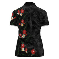 Hawaiian Taro Leaves-Hibiscus and Plumeria Women Polo Shirt Floral Tribal Tattoo Motif