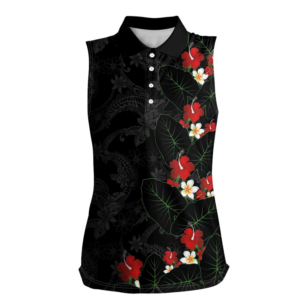 Hawaiian Taro Leaves-Hibiscus and Plumeria Women Sleeveless Polo Shirt Floral Tribal Tattoo Motif LT03 Female Black - Polynesian Pride