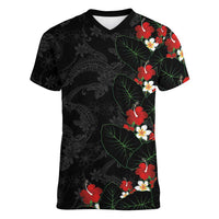 Hawaiian Taro Leaves-Hibiscus and Plumeria Women V-Neck T-Shirt Floral Tribal Tattoo Motif LT03 Female Black - Polynesian Pride