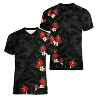 Hawaiian Taro Leaves-Hibiscus and Plumeria Women V-Neck T-Shirt Floral Tribal Tattoo Motif LT03 - Polynesian Pride
