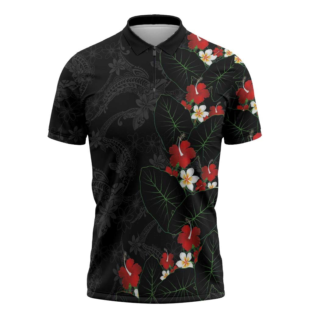 Hawaiian Taro Leaves-Hibiscus and Plumeria Zipper Polo Shirt Floral Tribal Tattoo Motif