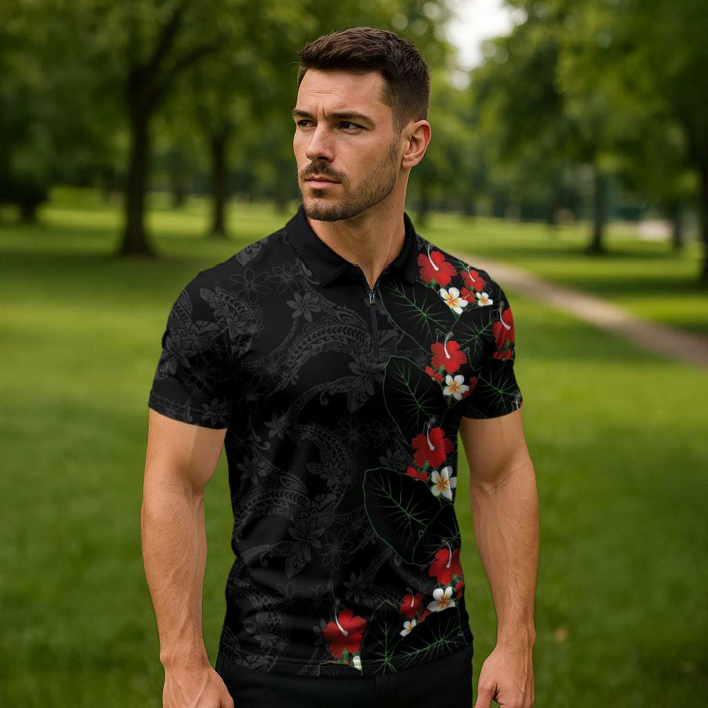 Hawaiian Taro Leaves-Hibiscus and Plumeria Zipper Polo Shirt Floral Tribal Tattoo Motif LT03 - Polynesian Pride