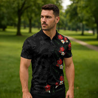 Hawaiian Taro Leaves-Hibiscus and Plumeria Zipper Polo Shirt Floral Tribal Tattoo Motif LT03 - Polynesian Pride