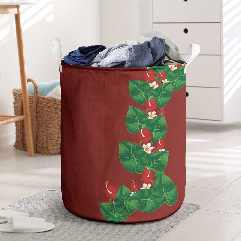 Hawaiian Taro Leaves-Hibiscus and Plumeria Laundry Basket Polynesian Art-Kakau Tattoo Red