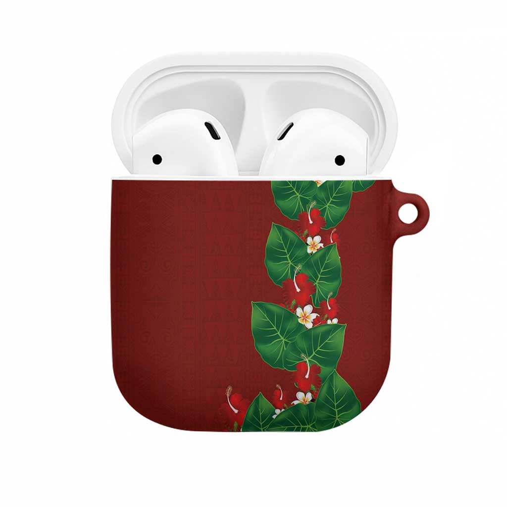 Hawaiian Taro Leaves-Hibiscus and Plumeria AirPods Case Polynesian Art-Kakau Tattoo Red