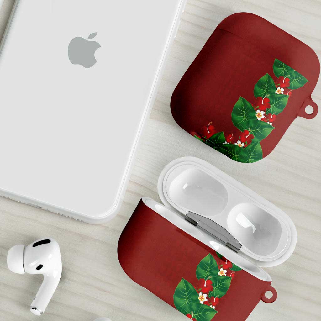 Hawaiian Taro Leaves-Hibiscus and Plumeria AirPods Case Polynesian Art-Kakau Tattoo Red