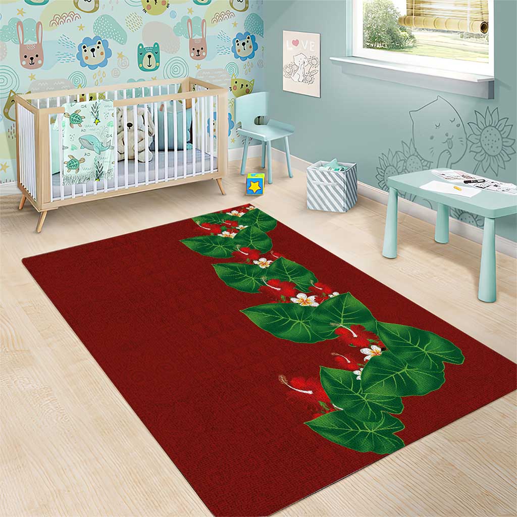 Hawaiian Taro Leaves-Hibiscus and Plumeria Area Rug Polynesian Art-Kakau Tattoo Red