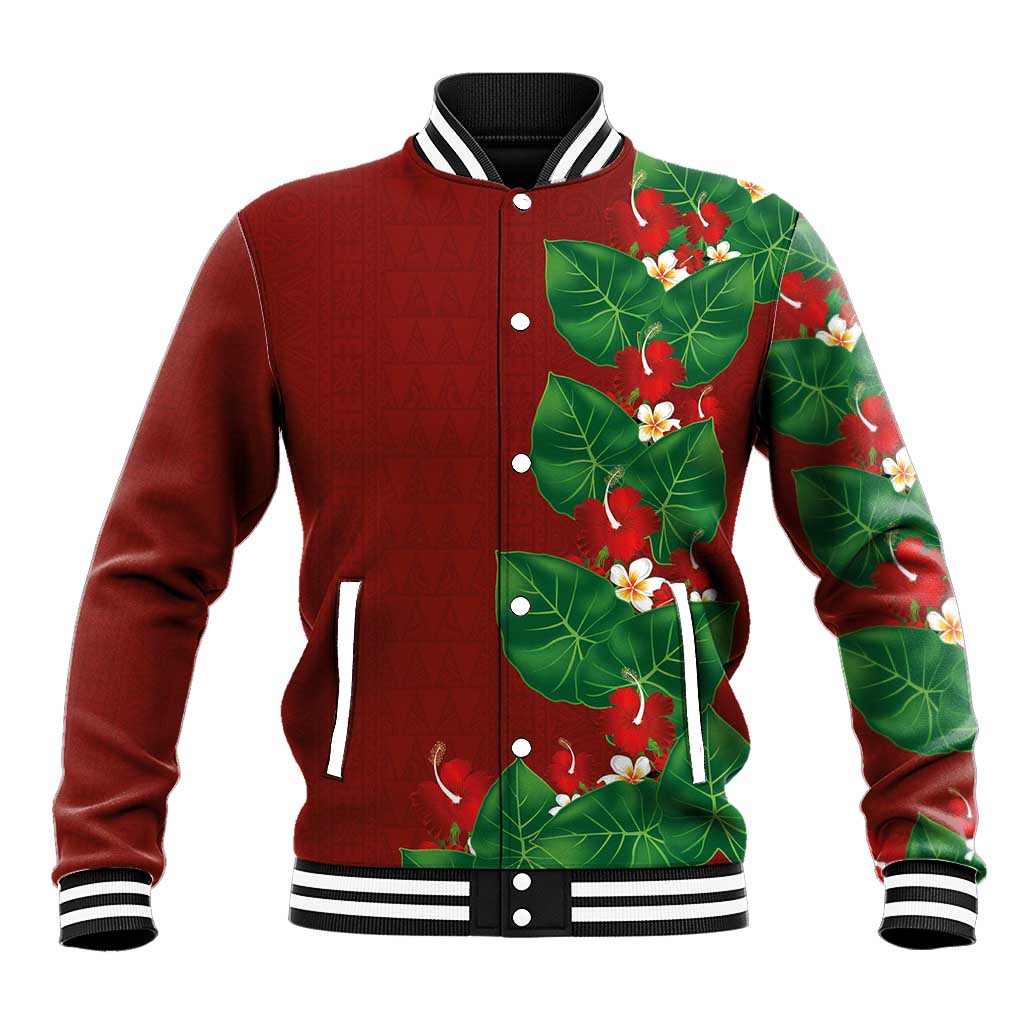 Hawaiian Taro Leaves-Hibiscus and Plumeria Baseball Jacket Polynesian Art-Kakau Tattoo Red