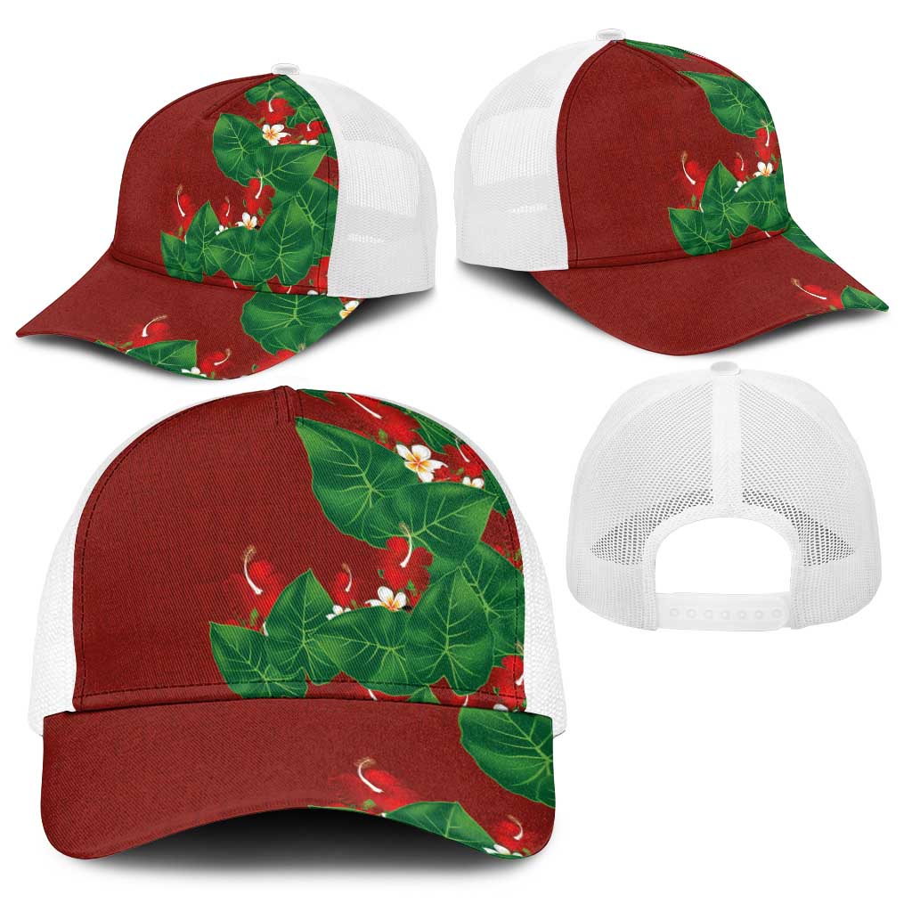 Hawaiian Taro Leaves-Hibiscus and Plumeria Baseball Net Cap Polynesian Art-Kakau Tattoo Red