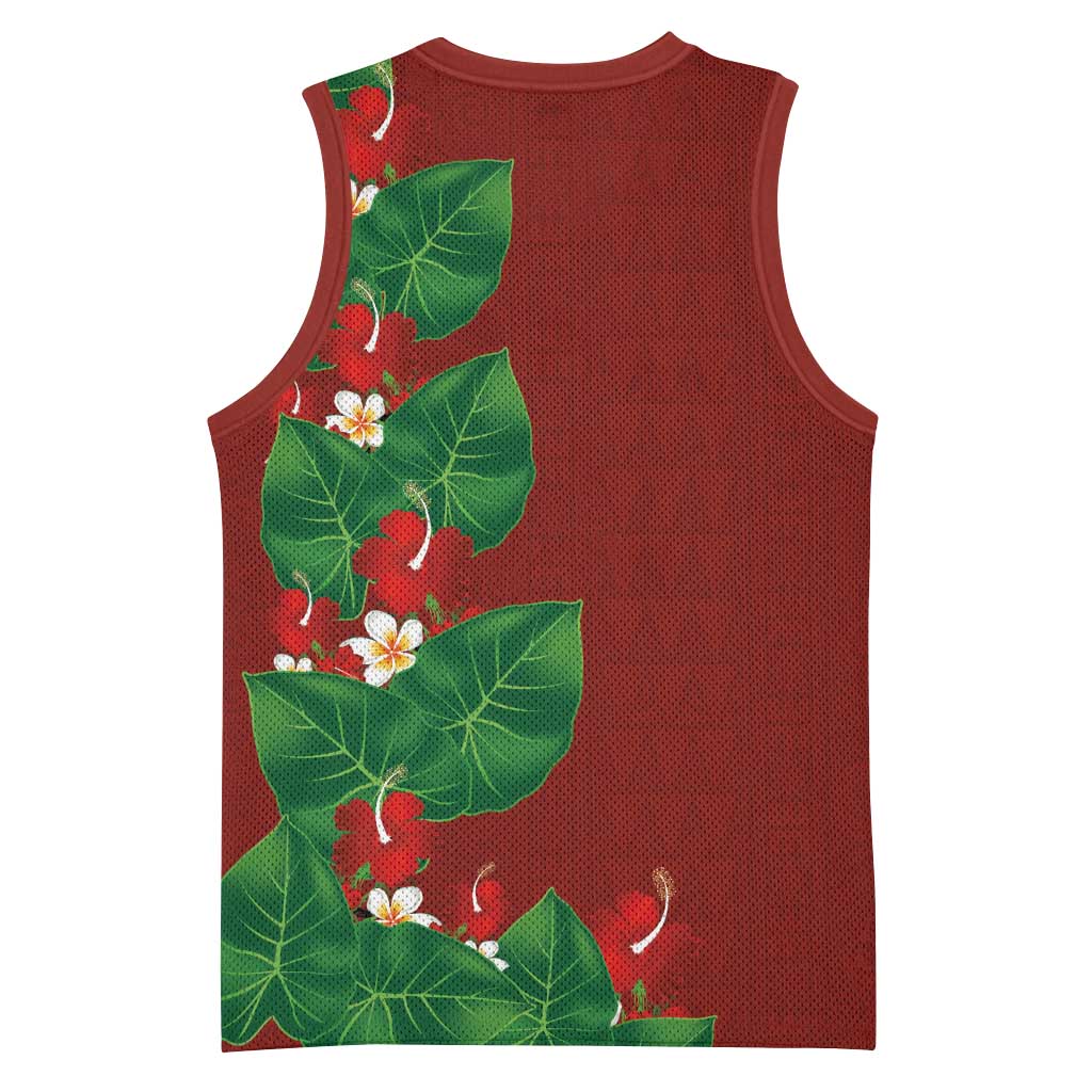 Hawaiian Taro Leaves-Hibiscus and Plumeria Basketball Jersey Polynesian Art-Kakau Tattoo Red LT03 - Polynesian Pride