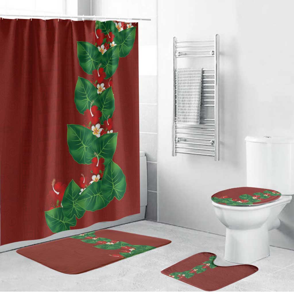 Hawaiian Taro Leaves-Hibiscus and Plumeria Bathroom Set Polynesian Art-Kakau Tattoo Red