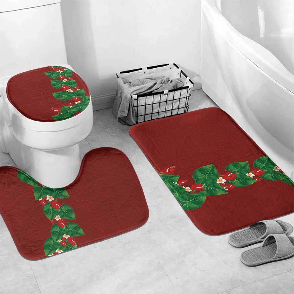 Hawaiian Taro Leaves-Hibiscus and Plumeria Bathroom Set Polynesian Art-Kakau Tattoo Red