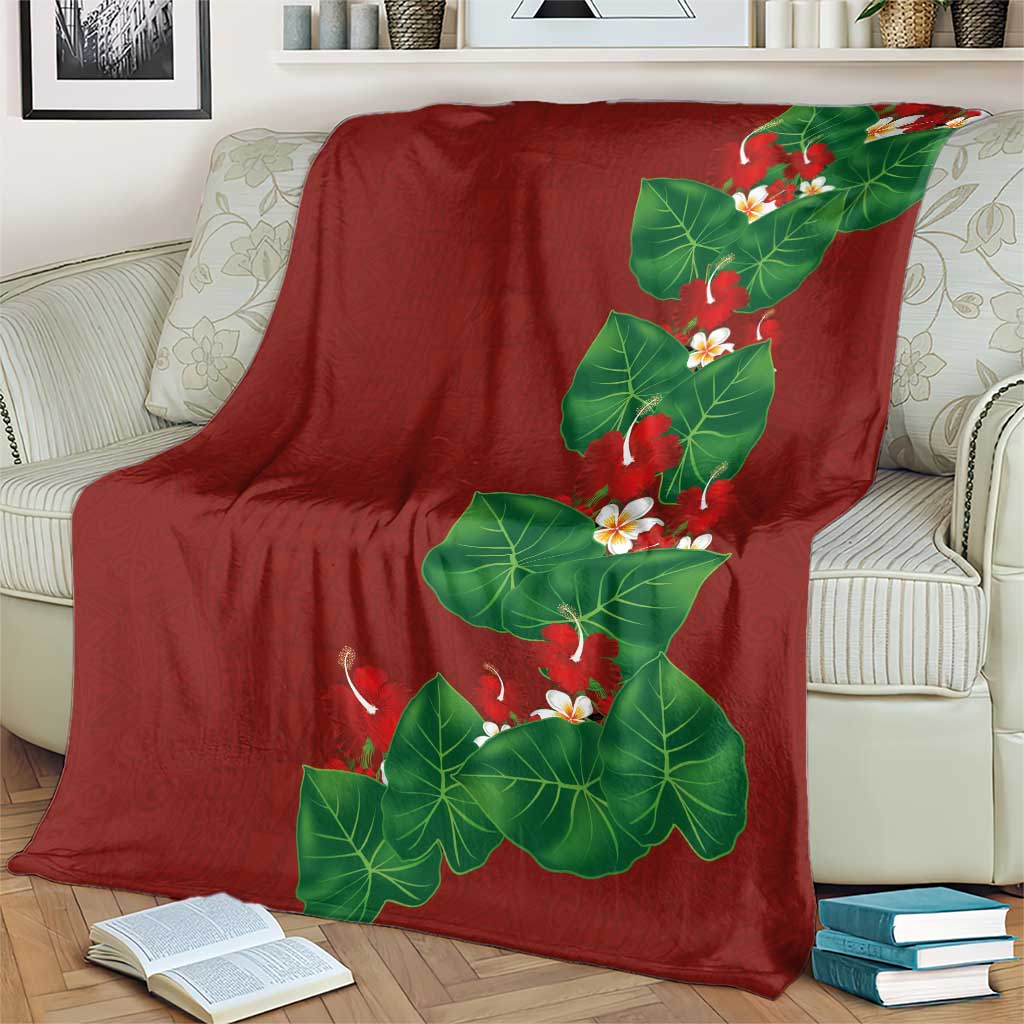 Hawaiian Taro Leaves-Hibiscus and Plumeria Blanket Polynesian Art-Kakau Tattoo Red