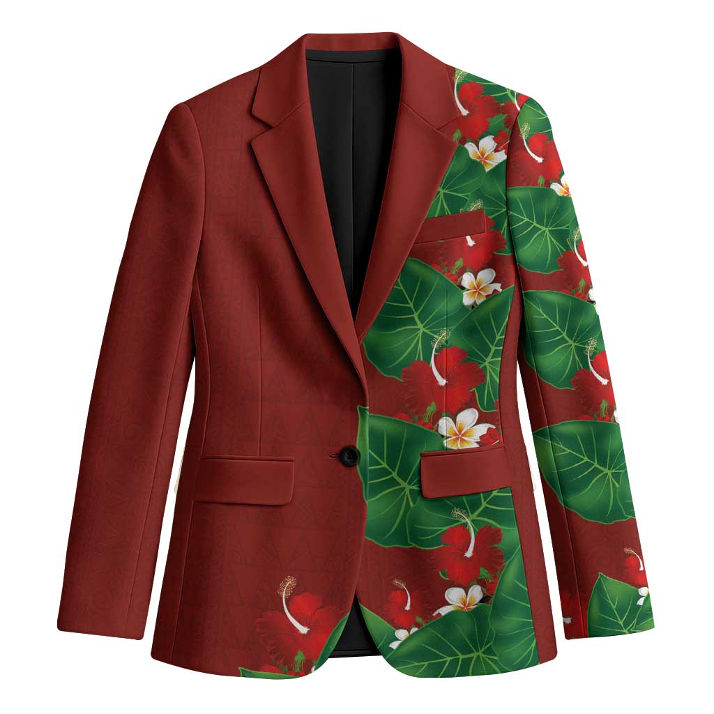 Hawaiian Taro Leaves-Hibiscus and Plumeria Blazer Polynesian Art-Kakau Tattoo Red