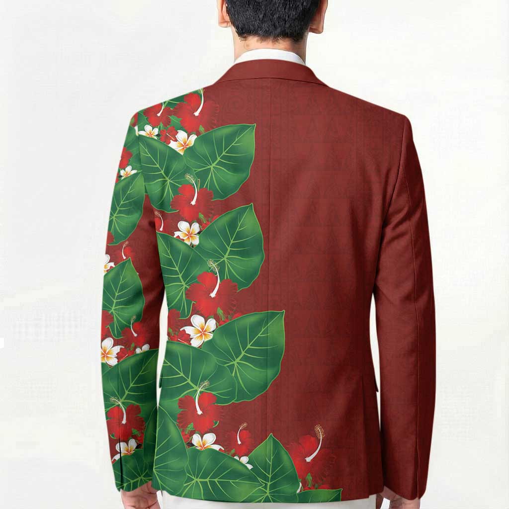 Hawaiian Taro Leaves-Hibiscus and Plumeria Blazer Polynesian Art-Kakau Tattoo Red