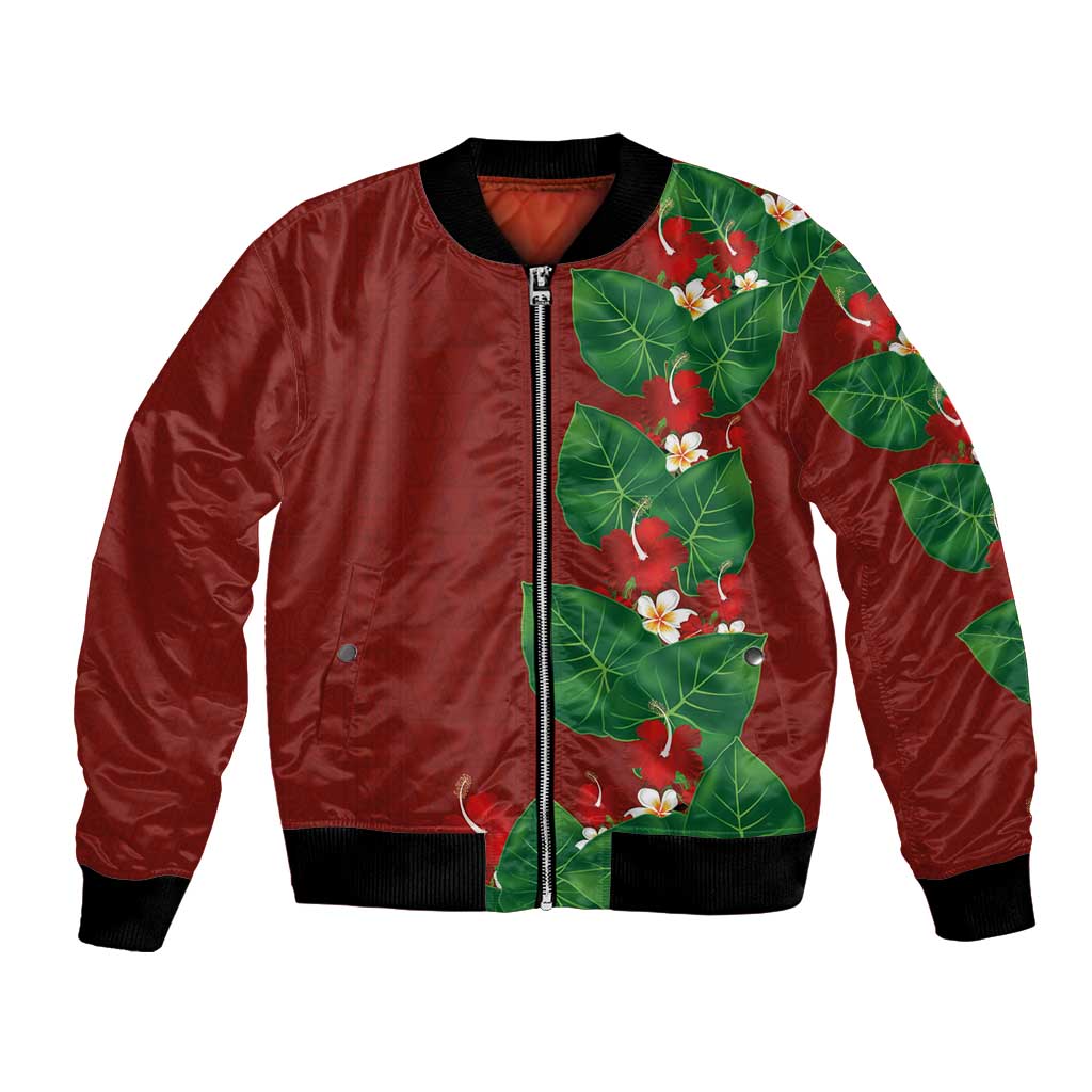 Hawaiian Taro Leaves-Hibiscus and Plumeria Bomber Jacket Polynesian Art-Kakau Tattoo Red