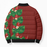 Hawaiian Taro Leaves-Hibiscus and Plumeria Bomber Puffer Jacket Polynesian Art-Kakau Tattoo Red