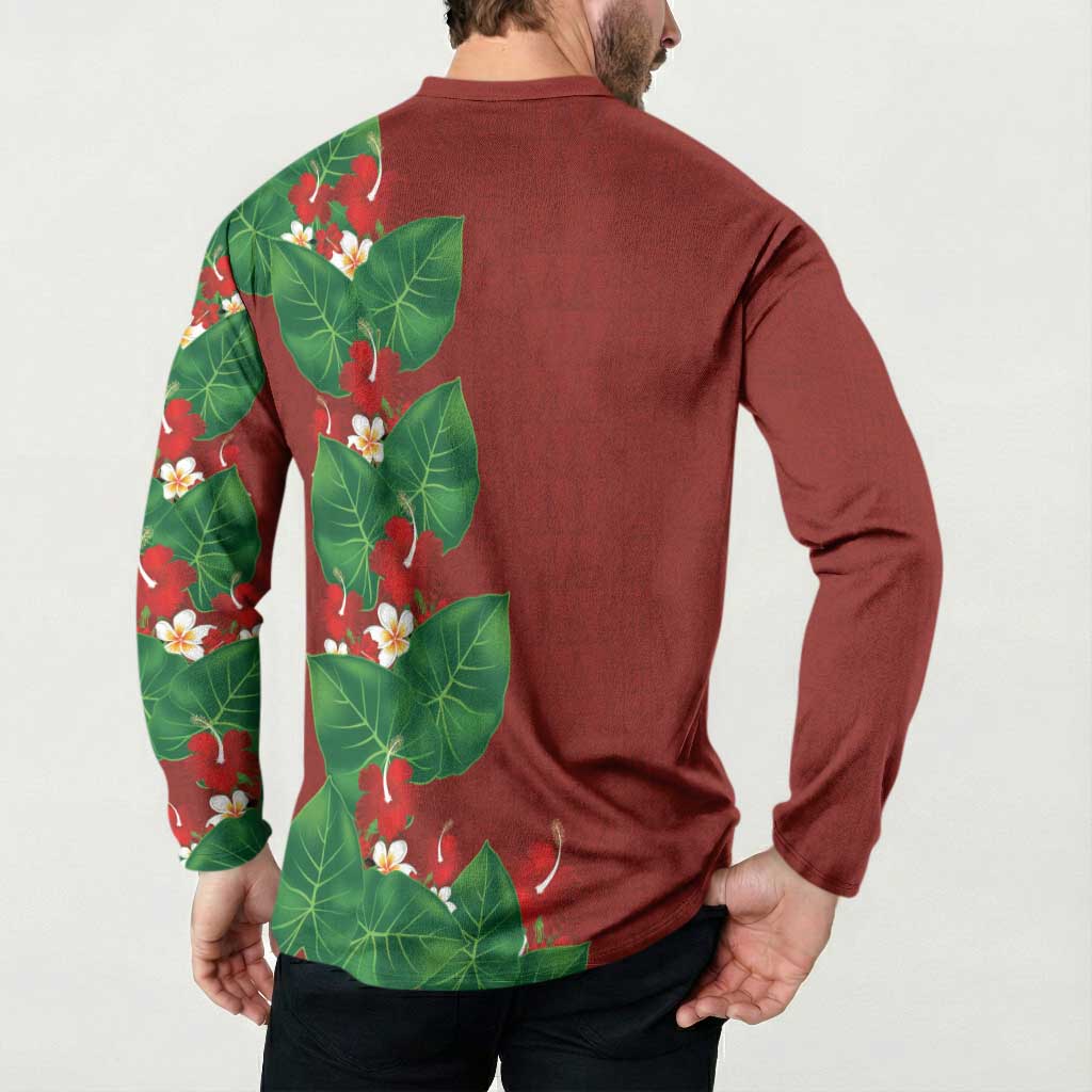 Hawaiian Taro Leaves-Hibiscus and Plumeria Button Sweatshirt Polynesian Art-Kakau Tattoo Red