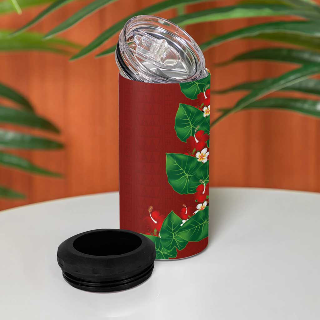 Hawaiian Taro Leaves-Hibiscus and Plumeria 4 in 1 Can Cooler Tumbler Polynesian Art-Kakau Tattoo Red LT03 - Polynesian Pride