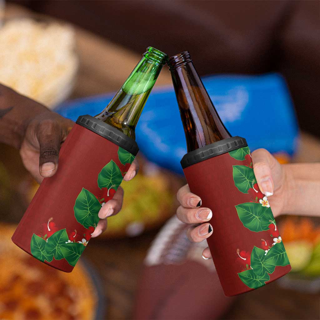 Hawaiian Taro Leaves-Hibiscus and Plumeria 4 in 1 Can Cooler Tumbler Polynesian Art-Kakau Tattoo Red LT03 - Polynesian Pride