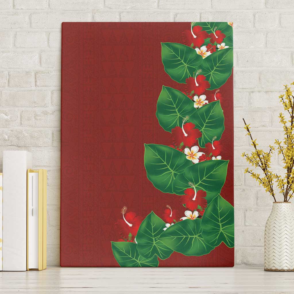 Hawaiian Taro Leaves-Hibiscus and Plumeria Canvas Wall Art Polynesian Art-Kakau Tattoo Red
