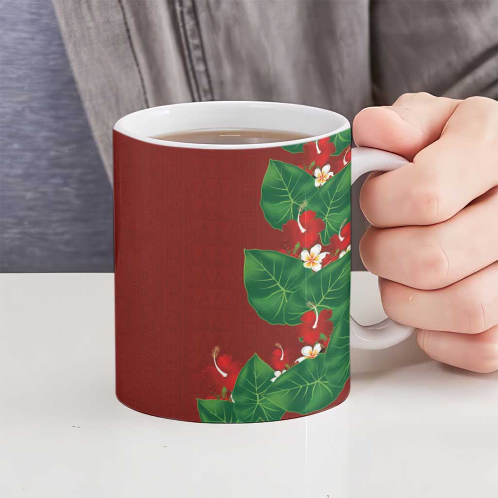 Hawaiian Taro Leaves-Hibiscus and Plumeria Ceramic Mug Polynesian Art-Kakau Tattoo Red