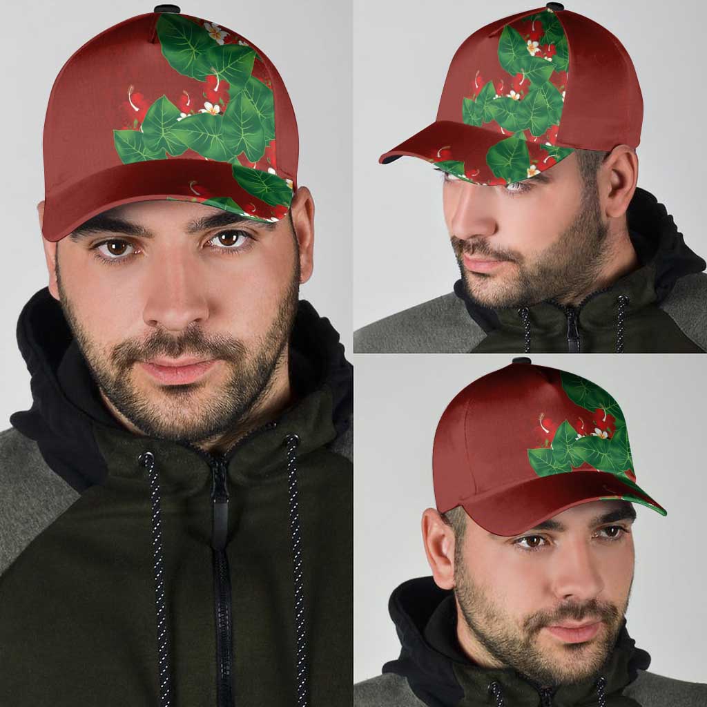 Hawaiian Taro Leaves-Hibiscus and Plumeria Classic Cap Polynesian Art-Kakau Tattoo Red