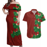 Hawaiian Taro Leaves-Hibiscus and Plumeria Couples Matching Off Shoulder Maxi Dress and Hawaiian Shirt Polynesian Art-Kakau Tattoo Red LT03 Red - Polynesian Pride