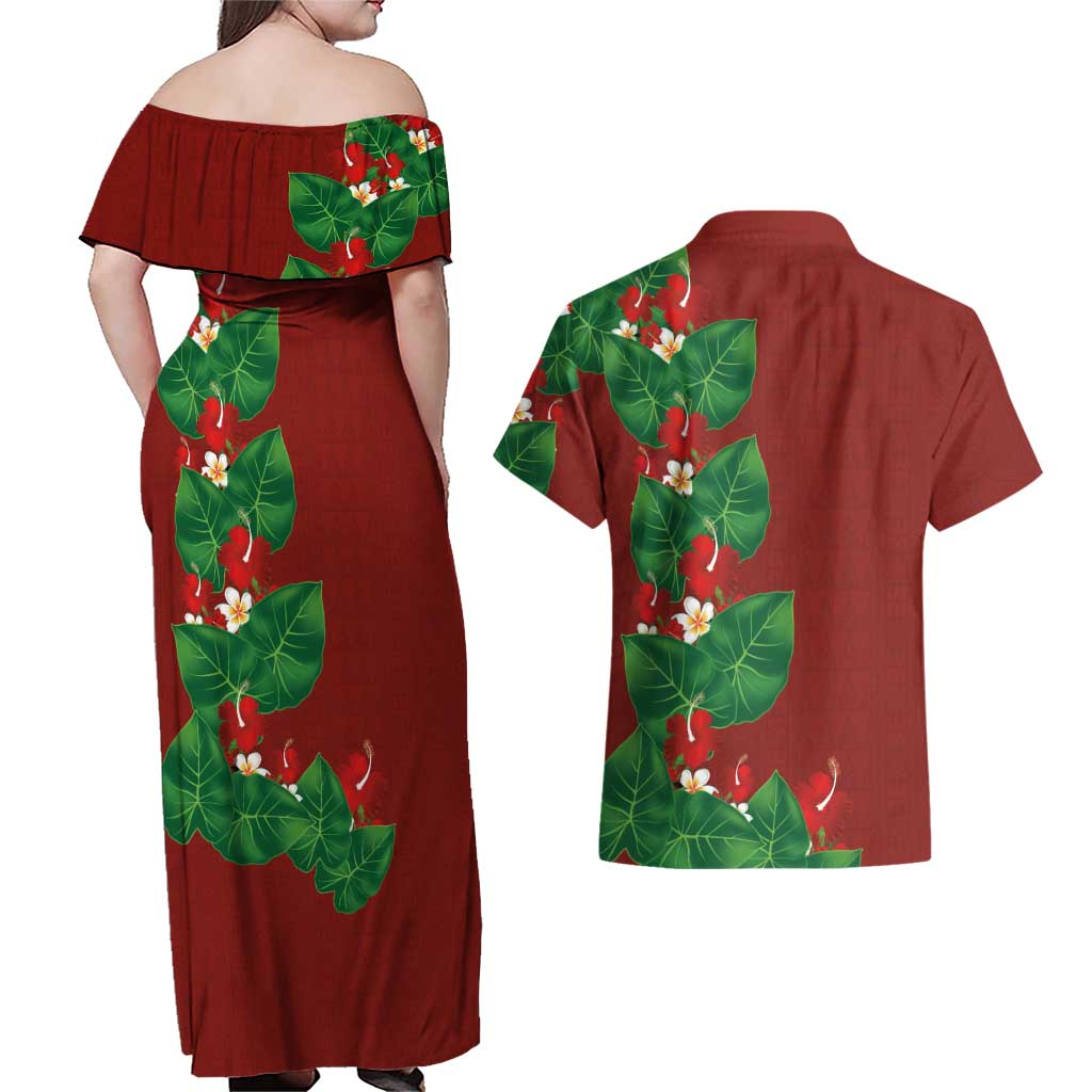 Hawaiian Taro Leaves-Hibiscus and Plumeria Couples Matching Off Shoulder Maxi Dress and Hawaiian Shirt Polynesian Art-Kakau Tattoo Red LT03 - Polynesian Pride