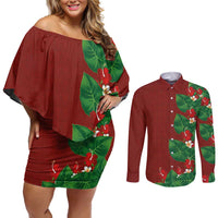 Hawaiian Taro Leaves-Hibiscus and Plumeria Couples Matching Off Shoulder Short Dress and Long Sleeve Button Shirt Polynesian Art-Kakau Tattoo Red LT03 Red - Polynesian Pride