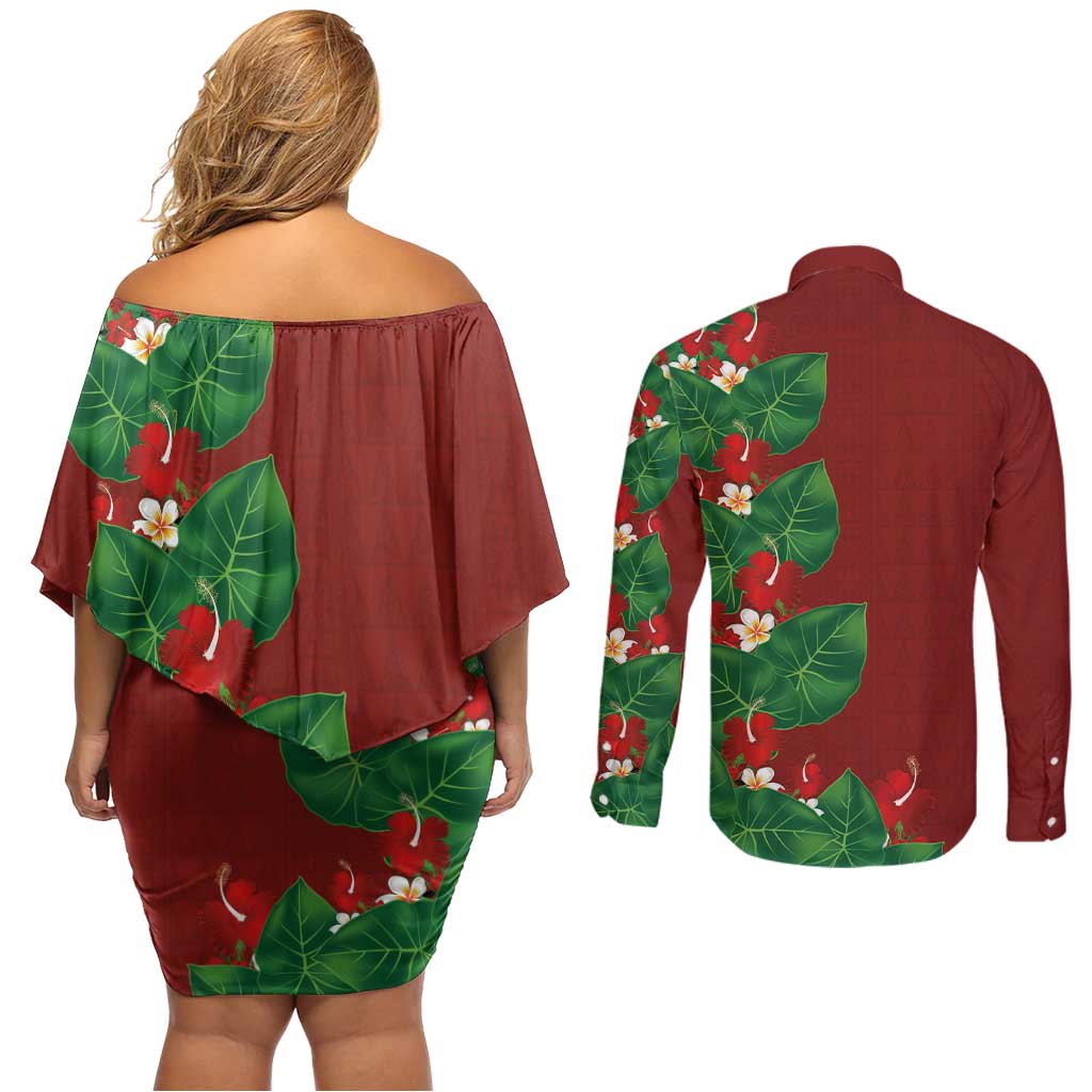 Hawaiian Taro Leaves-Hibiscus and Plumeria Couples Matching Off Shoulder Short Dress and Long Sleeve Button Shirt Polynesian Art-Kakau Tattoo Red LT03 - Polynesian Pride