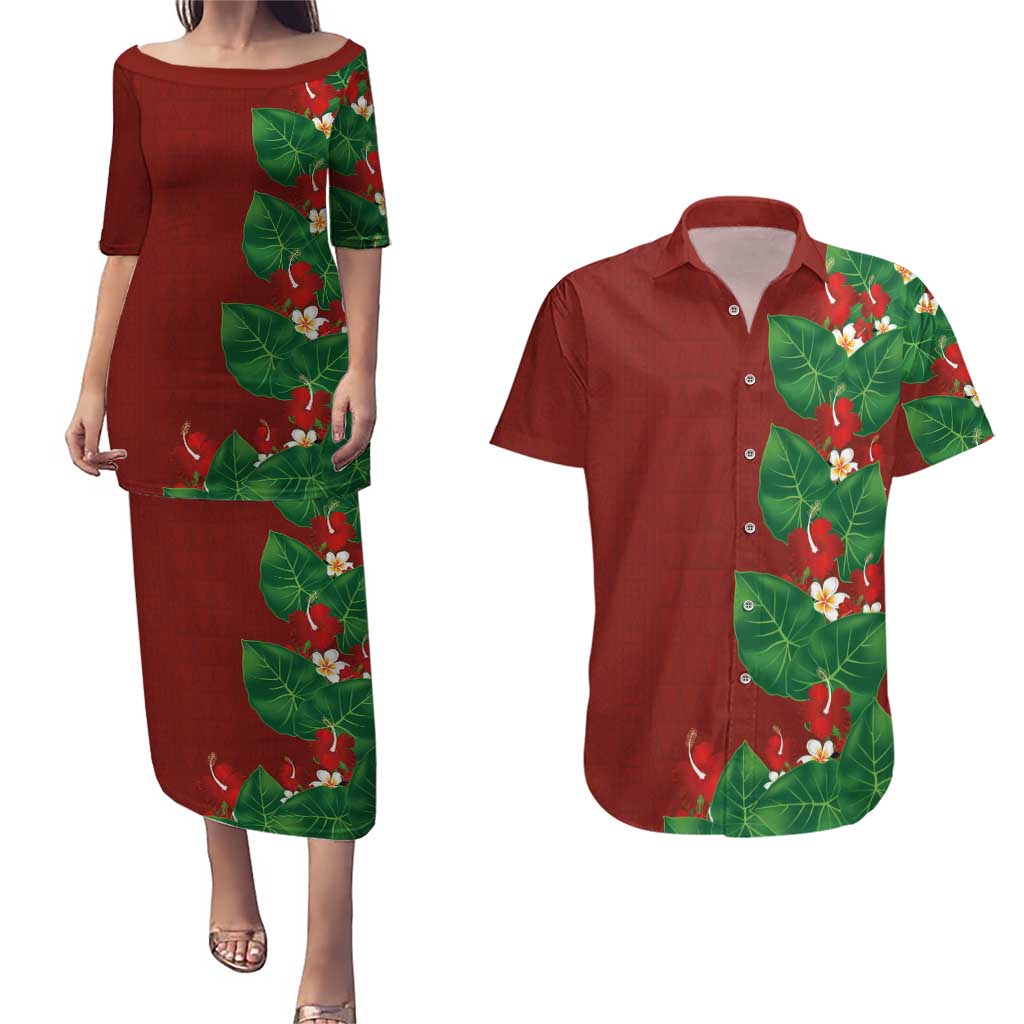 Hawaiian Taro Leaves-Hibiscus and Plumeria Couples Matching Puletasi and Hawaiian Shirt Polynesian Art-Kakau Tattoo Red